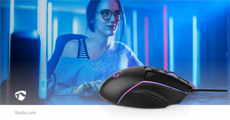 Nedis Gaming Mouse | Wired | 800 / 1200 / 2400 / 3200 / 4800 / 7200 dpi | Justerbar DPI | Antall knapper: 6 | Right-Handed | 1.50 m | LED