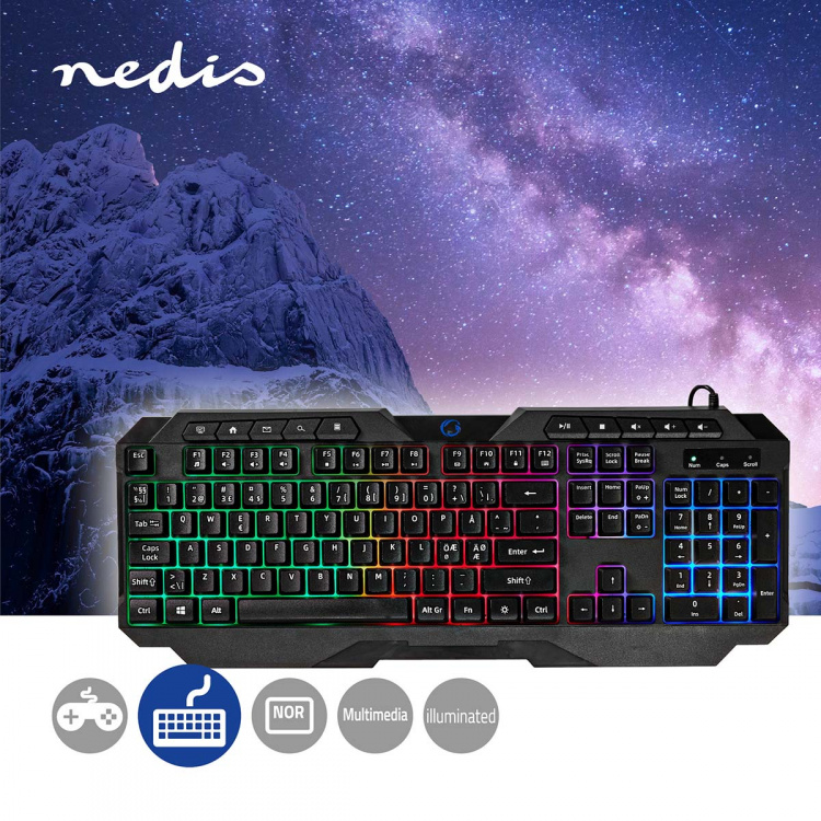 Nedis Wired Gaming Keyboard | USB Type-A | Membrantaster | LED | QWERTY | ND Layout | USB-Strøm | Strømkabel lengde: 1.30 m | Multimedia Nedis Wired Gaming Keyboard | USB Type-A | Membrantaster | LED | QWERTY | ND Layout | USB-Strøm | Strømkabel lengde: 1.30 m | Multimedia