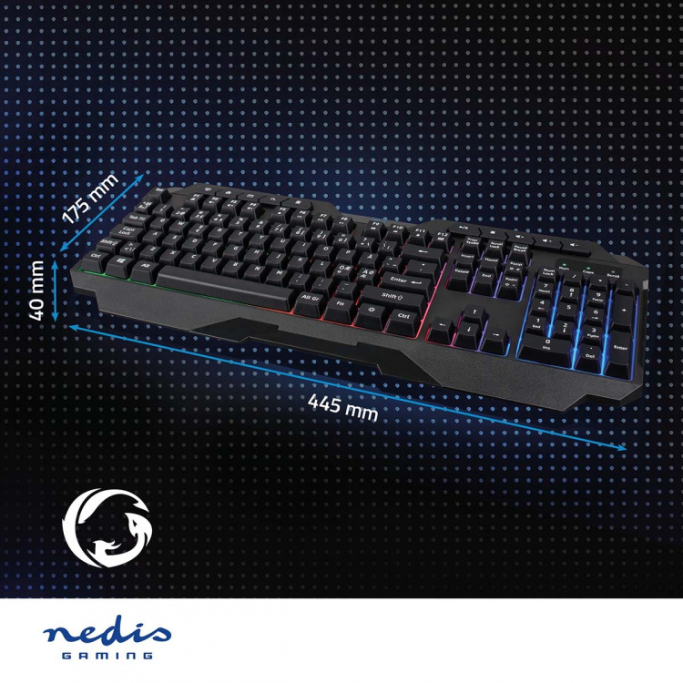 Nedis Wired Gaming Keyboard | USB Type-A | Membrantaster | LED | QWERTY | ND Layout | USB-Strøm | Strømkabel lengde: 1.30 m | Multimedia Nedis Wired Gaming Keyboard | USB Type-A | Membrantaster | LED | QWERTY | ND Layout | USB-Strøm | Strømkabel lengde: 1.30 m | Multimedia