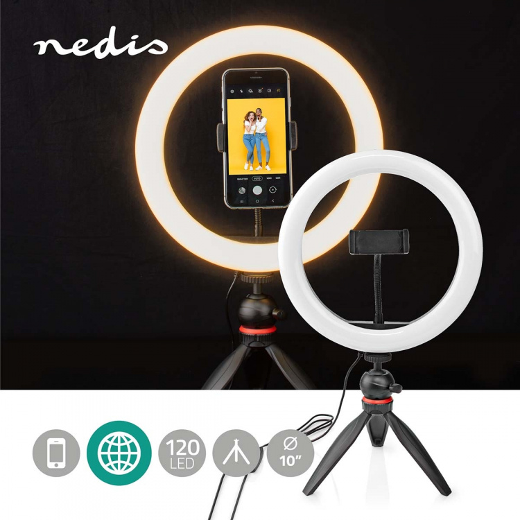 Nedis Ringlys | 10 inch | 120 LED\'s | 2700 - 6700 K | Trebeinsstativ | Sort Nedis Ringlys | 10 inch | 120 LED\'s | 2700 - 6700 K | Trebeinsstativ | Sort
