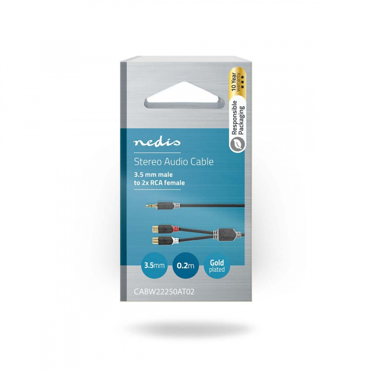 Nedis Stereo lydkabel | 3.5 mm Han | 2x RCA Hun | Gull belagt | 0.20 m | Rund | Antrasitt | Boks Nedis Stereo lydkabel | 3.5 mm Han | 2x RCA Hun | Gull belagt | 0.20 m | Rund | Antrasitt | Boks