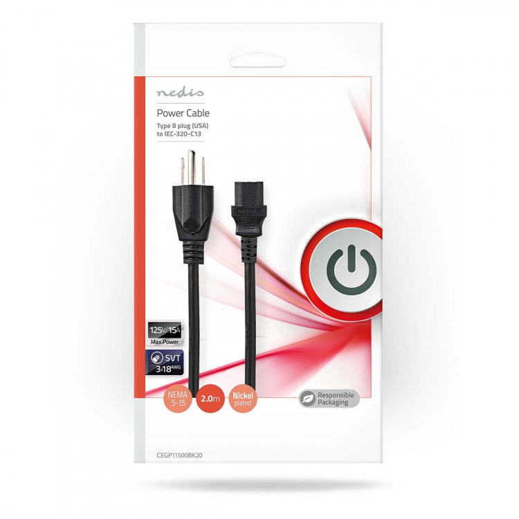 Nedis Strømkabel | USA Han | IEC-320-C13 | Rett | Rett | Nikkel belagt | 2.00 m | Rund | PVC | Sort | Konvolutt