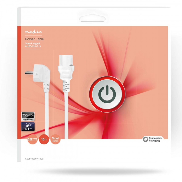 Nedis Strømkabel | Jordet kontakt han | IEC-320-C13 | Vinklet | Rett | Nikkel belagt | 10.0 m | Rund | PVC | Hvit | Boks