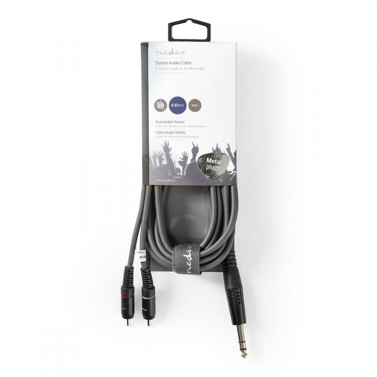 Nedis Stereo lydkabel | 6.35 mm Han | 2x RCA Han | Nikkel belagt | 3.00 m | Rund | Mørk Grå | Pappetui Nedis Stereo lydkabel | 6.35 mm Han | 2x RCA Han | Nikkel belagt | 3.00 m | Rund | Mørk Grå | Pappetui