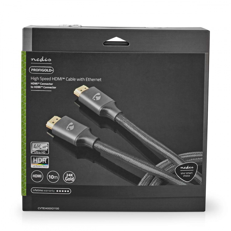 Nedis High Speed ​​HDMI ™ kabel med Ethernet | HDMI ™ -kontakt | HDMI ™ -kontakt | 4K@60Hz | ARC | 18 Gbps | 10.0 m | Rund | Bomull | Gun Metal Grå | Deksel Vindusboks