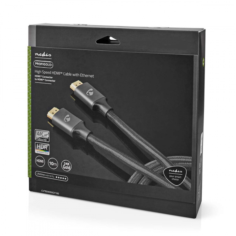 Nedis High Speed ​​HDMI ™ kabel med Ethernet | HDMI ™ -kontakt | HDMI ™ -kontakt | 4K@60Hz | ARC | 18 Gbps | 10.0 m | Rund | Bomull | Gun Metal Grå | Deksel Vindusboks
