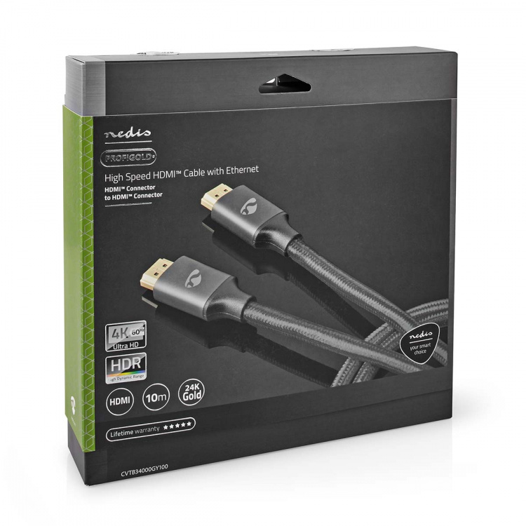 Nedis High Speed ​​HDMI ™ kabel med Ethernet | HDMI ™ -kontakt | HDMI ™ -kontakt | 4K@60Hz | ARC | 18 Gbps | 10.0 m | Rund | Bomull | Gun Metal Grå | Deksel Vindusboks