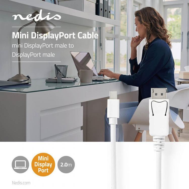 Nedis Mini Displayport-kabel | DisplayPort 1.4 | Mini DisplayPort Han | DisplayPort Han | 48 Gbps | Nikkel belagt | 2.00 m | Rund | PVC | Hvit | Blister