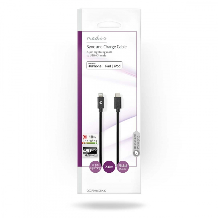 Nedis Lightning Kabel | USB 2.0 | Apple Lightning 8-Pinners | USB-C™ Hann | 480 Mbps | Nikkel belagt | 2.00 m | Rund | PVC | Sort | Konvolutt
