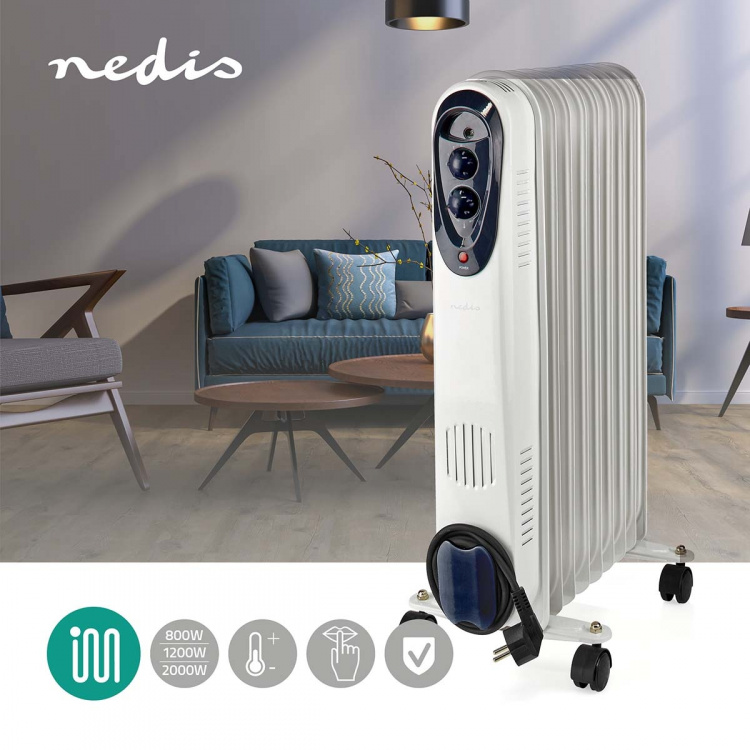 Nedis Mobil Oil Radiator | 800 / 1200 / 2000 W | 9 Finner | Justerbar termostat | 3 Varmeinnstillinger | Veltebeskyttelse | Hvit