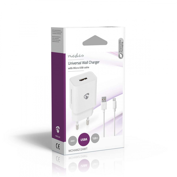 Nedis vegg lader | 12 W | Hurtigladefunksjon | 2.4 A | Antall utganger: 1 | USB-A | Micro USB (Løs) Kabel | 1.00 m | Single Voltage Output | Hvit