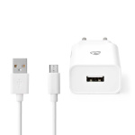 Nedis vegg lader | 12 W | Hurtigladefunksjon | 2.4 A | Antall utganger: 1 | USB-A | Micro USB (Løs) Kabel | 1.00 m | Single Voltage Output | Hvit