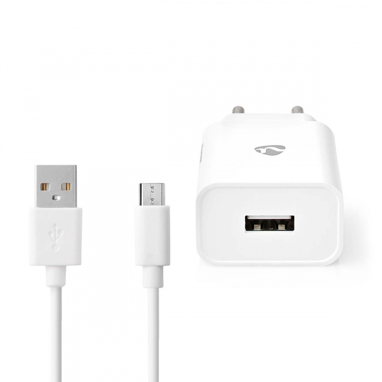 Nedis vegg lader | 12 W | Hurtigladefunksjon | 2.4 A | Antall utganger: 1 | USB-A | Micro USB (Løs) Kabel | 1.00 m | Single Voltage Output | Hvit