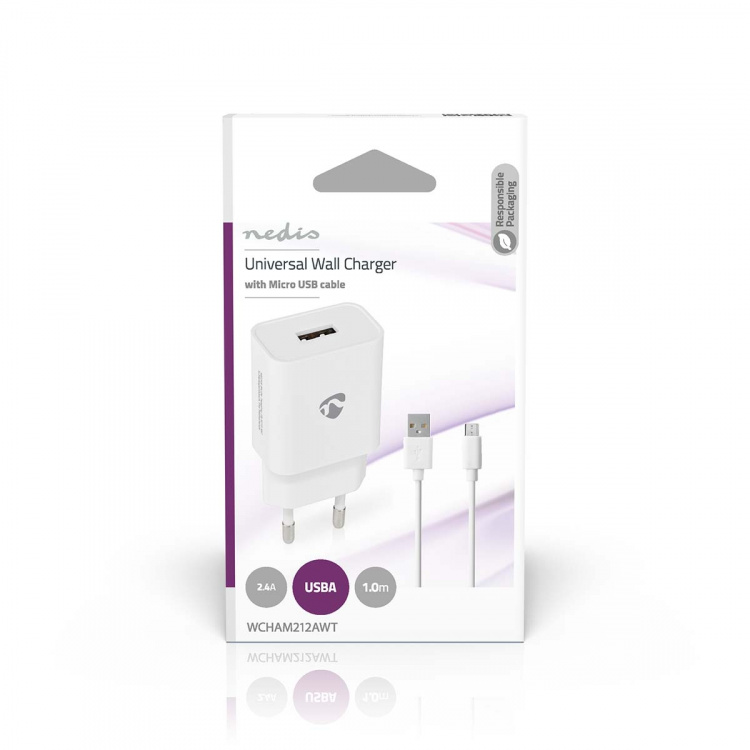 Nedis vegg lader | 12 W | Hurtigladefunksjon | 2.4 A | Antall utganger: 1 | USB-A | Micro USB (Løs) Kabel | 1.00 m | Single Voltage Output | Hvit