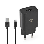 Nedis vegg lader | 12 W | Hurtigladefunksjon | 1x 2.1 A A | Antall utganger: 1 | USB-A | Micro USB (Løs) Kabel | 1.00 m | Single Voltage Output | Sort