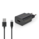 Nedis vegg lader | 12 W | Hurtigladefunksjon | 1x 2.1 A A | Antall utganger: 1 | USB-A | Micro USB (Løs) Kabel | 1.00 m | Single Voltage Output | Sort