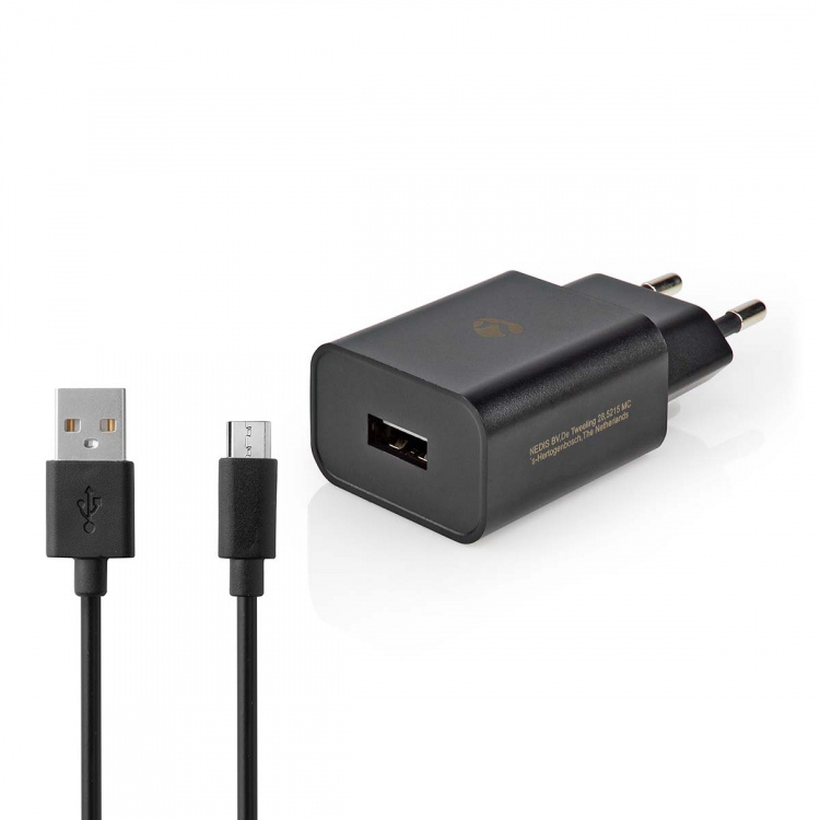Nedis vegg lader | 12 W | Hurtigladefunksjon | 1x 2.1 A A | Antall utganger: 1 | USB-A | Micro USB (Løs) Kabel | 1.00 m | Single Voltage Output | Sort