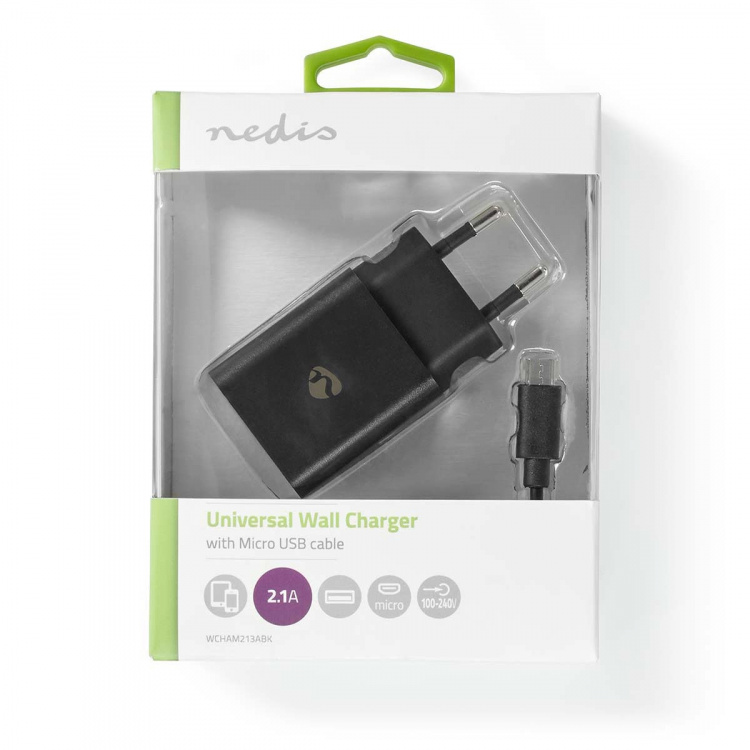 Nedis vegg lader | 12 W | Hurtigladefunksjon | 1x 2.1 A A | Antall utganger: 1 | USB-A | Micro USB (Løs) Kabel | 1.00 m | Single Voltage Output | Sort