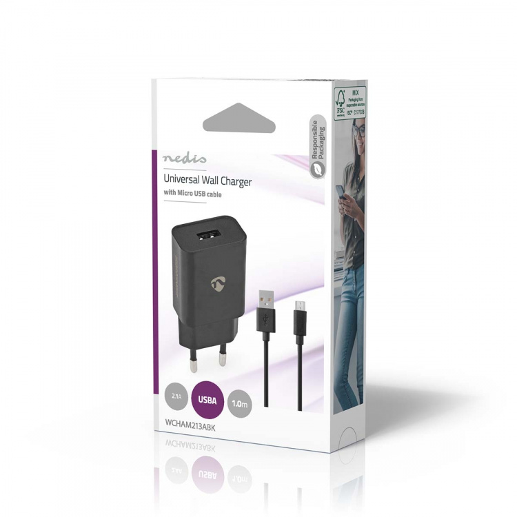 Nedis vegg lader | 12 W | Hurtigladefunksjon | 1x 2.1 A A | Antall utganger: 1 | USB-A | Micro USB (Løs) Kabel | 1.00 m | Single Voltage Output | Sort