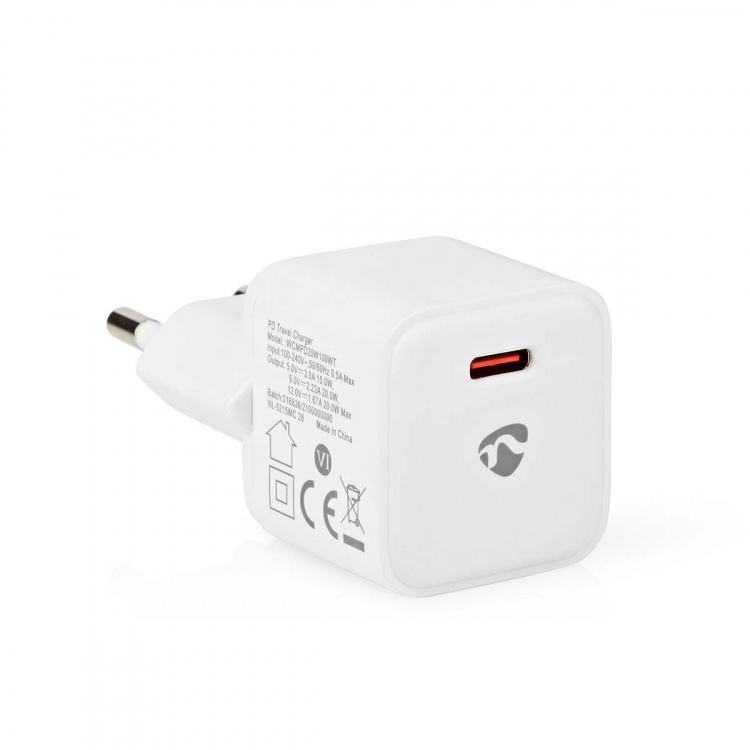 Nedis vegg lader | 20 W | PD3.0 20W | Hurtigladefunksjon | 1.67 A / 2.22 A / 3.0 A | Antall utganger: 1 | USB-C™ | Automatisk Spenning Utvalg | Hvit