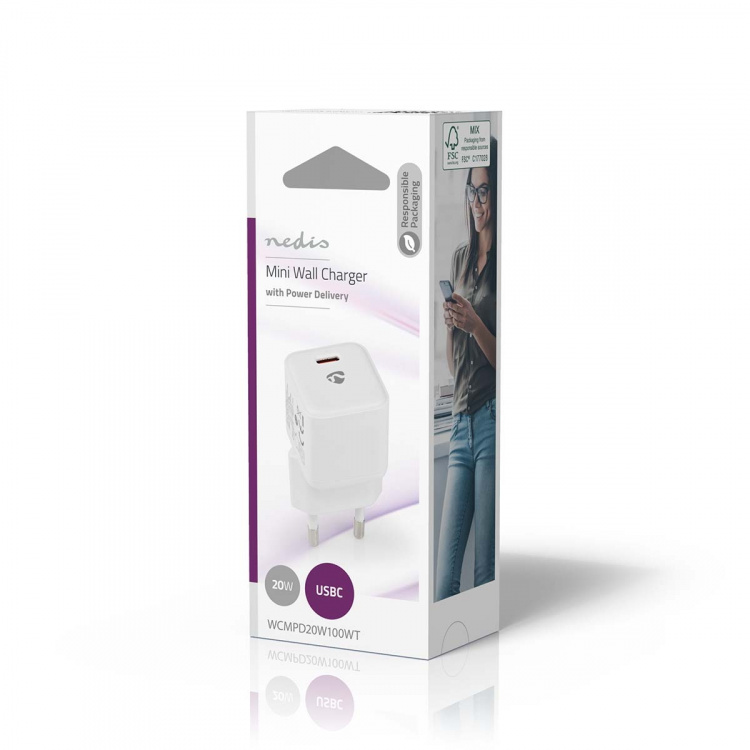 Nedis vegg lader | 20 W | PD3.0 20W | Hurtigladefunksjon | 1.67 A / 2.22 A / 3.0 A | Antall utganger: 1 | USB-C™ | Automatisk Spenning Utvalg | Hvit