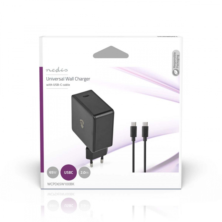 Nedis vegg lader | 65 W | PD3.0 27W / PD3.0 36W / PD3.0 45W / PD3.0 65W | Hurtigladefunksjon | 3.0 / 3.25 A A | Antall utganger: 1 | USB-C™ | Type-C™ | 2.00 m | Automatisk Spenning Utvalg | Sort