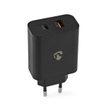 Nedis vegg lader | 65 W | Hurtigladefunksjon | 2.0 / 2.25 A / 3.25 A A | Antall utganger: 2 | USB-A / USB-C™ | Automatisk Spenning Utvalg | Sort