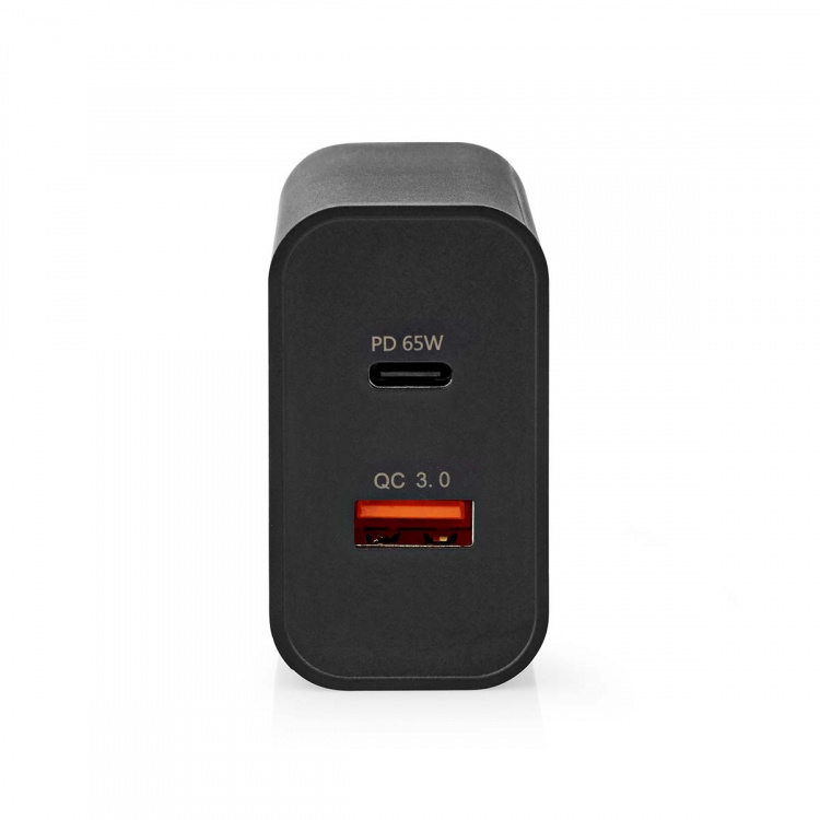Nedis vegg lader | 65 W | Hurtigladefunksjon | 2.0 / 2.25 A / 3.25 A A | Antall utganger: 2 | USB-A / USB-C™ | Automatisk Spenning Utvalg | Sort