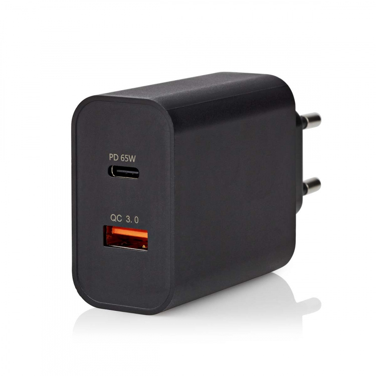 Nedis vegg lader | 65 W | Hurtigladefunksjon | 2.0 / 2.25 A / 3.25 A A | Antall utganger: 2 | USB-A / USB-C™ | Automatisk Spenning Utvalg | Sort