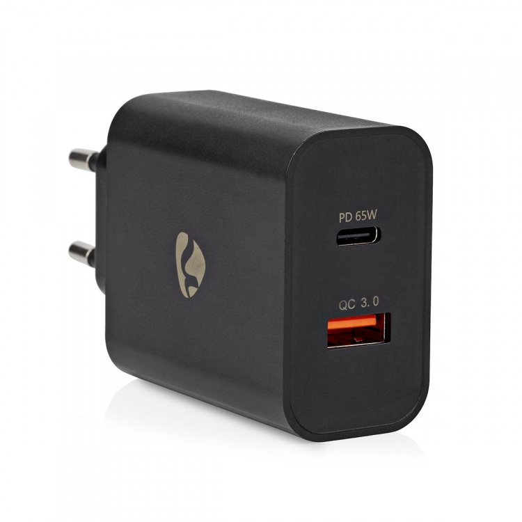 Nedis vegg lader | 65 W | Hurtigladefunksjon | 2.0 / 2.25 A / 3.25 A A | Antall utganger: 2 | USB-A / USB-C™ | Automatisk Spenning Utvalg | Sort