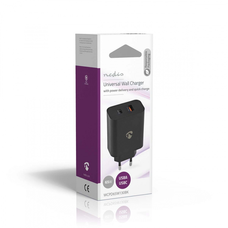 Nedis vegg lader | 65 W | Hurtigladefunksjon | 2.0 / 2.25 A / 3.25 A A | Antall utganger: 2 | USB-A / USB-C™ | Automatisk Spenning Utvalg | Sort