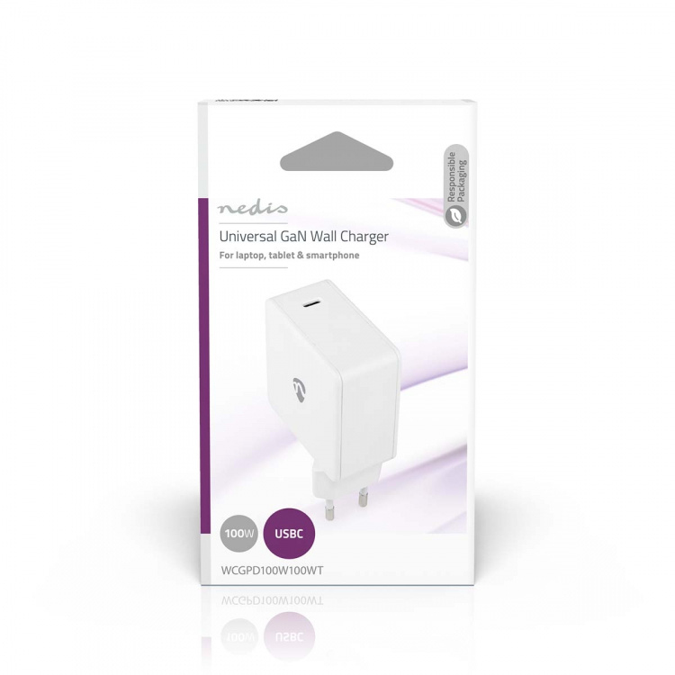 Nedis vegg lader | 100 W | GaN | Hurtigladefunksjon | 3.0 / 5.0 A | Antall utganger: 1 | USB-C™ | Automatisk Spenning Utvalg | Hvit Nedis vegg lader | 100 W | GaN | Hurtigladefunksjon | 3.0 / 5.0 A | Antall utganger: 1 | USB-C™ | Automatisk Spenning Utvalg | Hvit
