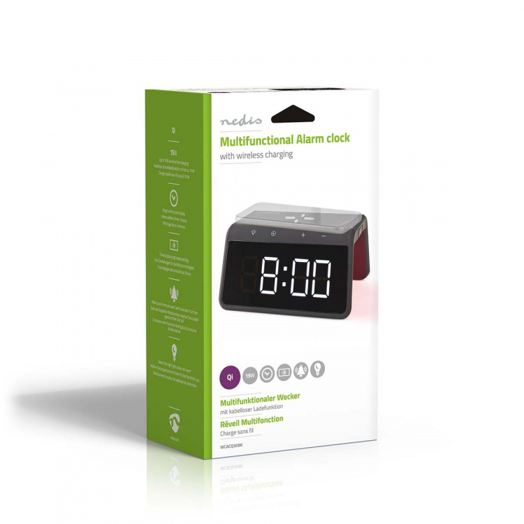 Nedis Alarm clock wireless charger | Qi sertifisert | 5 / 7.5 / 10 / 15 W | USB-A Male | Nattlys | 2 Alarmtider | slumrefunksjon