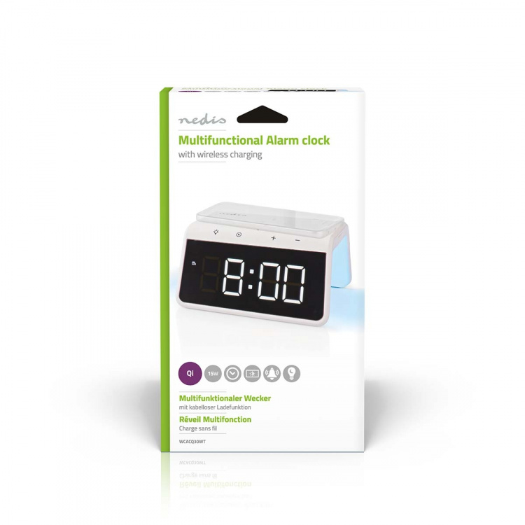 Nedis Alarm clock wireless charger | Qi sertifisert | 5 / 7.5 / 10 / 15 W | USB-A Male | Nattlys | 2 Alarmtider | slumrefunksjon Nedis Alarm clock wireless charger | Qi sertifisert | 5 / 7.5 / 10 / 15 W | USB-A Male | Nattlys | 2 Alarmtider | slumrefunksjon