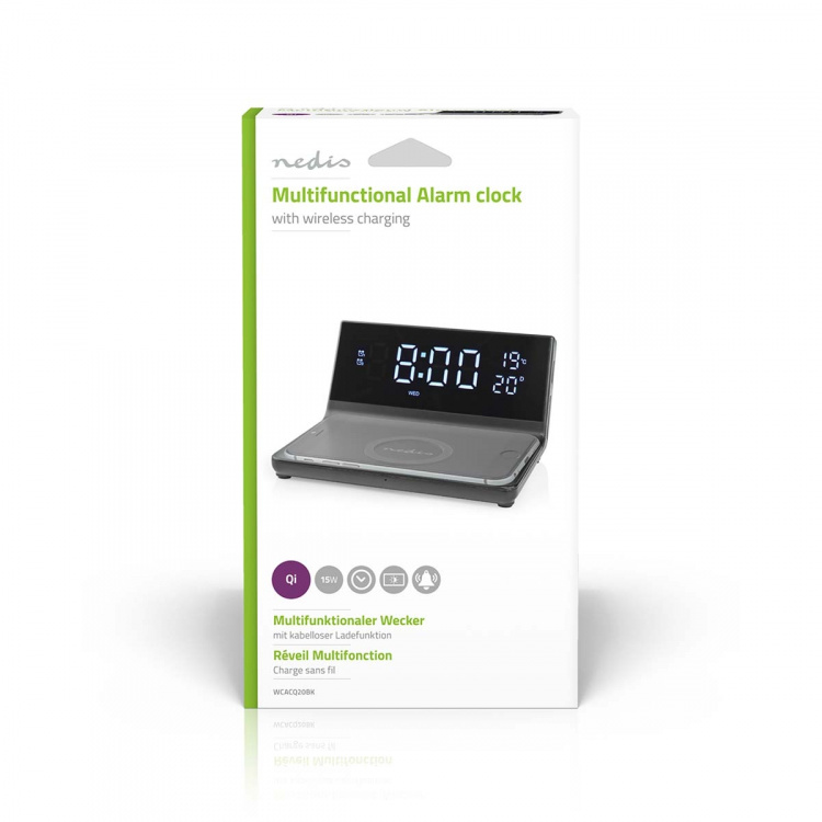Nedis Alarm clock wireless charger | Qi sertifisert | 5 / 7.5 / 10 / 15 W | USB-A Male | 2 Alarmtider | slumrefunksjon Nedis Alarm clock wireless charger | Qi sertifisert | 5 / 7.5 / 10 / 15 W | USB-A Male | 2 Alarmtider | slumrefunksjon
