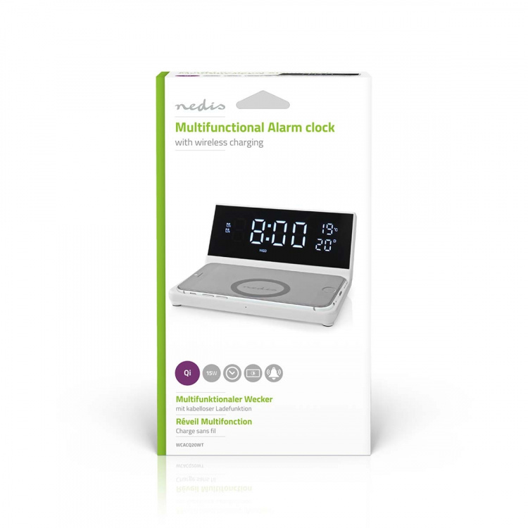 Nedis Alarm clock wireless charger | Qi sertifisert | 5 / 7.5 / 10 / 15 W | USB-A Male | 2 Alarmtider | slumrefunksjon Nedis Alarm clock wireless charger | Qi sertifisert | 5 / 7.5 / 10 / 15 W | USB-A Male | 2 Alarmtider | slumrefunksjon
