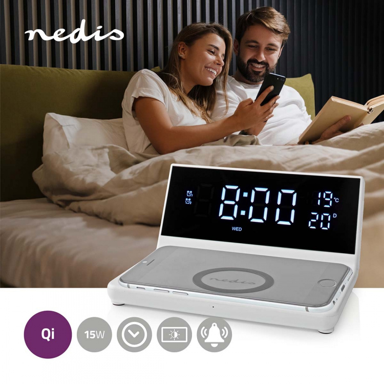 Nedis Alarm clock wireless charger | Qi sertifisert | 5 / 7.5 / 10 / 15 W | USB-A Male | 2 Alarmtider | slumrefunksjon Nedis Alarm clock wireless charger | Qi sertifisert | 5 / 7.5 / 10 / 15 W | USB-A Male | 2 Alarmtider | slumrefunksjon