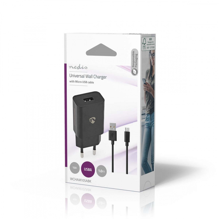 Nedis vegg lader | 5 W | 1.0 A A | Antall utganger: 1 | USB-A | Micro USB (Løs) Kabel | 1.00 m | Single Voltage Output | Sort