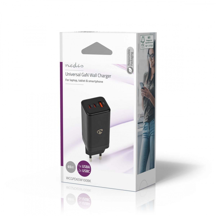 Nedis vegg lader | 65 W | GaN | PD3.0 18W / PD3.0 20W / PD3.0 27W / PD3.0 36W / PD3.0 45W / PD3.0 60W / PD3.0 65W / QC3.0 | Hurtigladefunksjon | 3.0 / 3.25 A A | Antall utganger: 3 | USB-A / 2x USB-C™ | Automatisk Spenning Utvalg | Sort