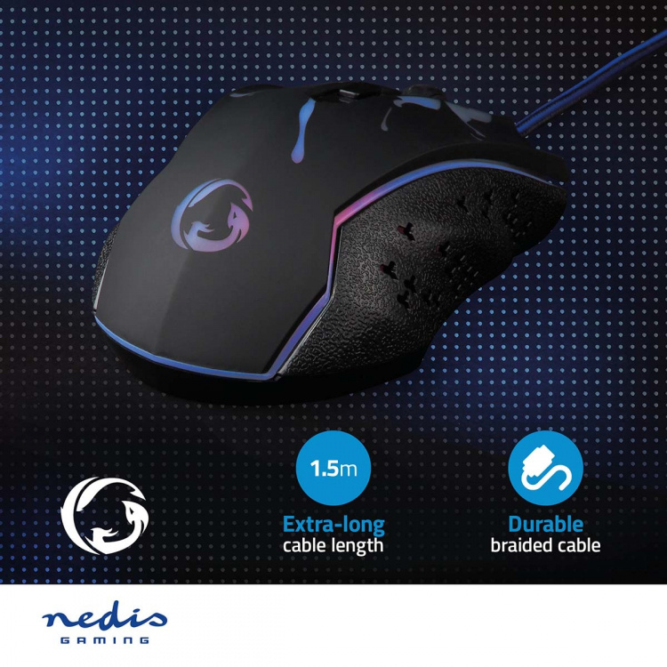 Nedis Gaming Mouse | Wired | 1200 / 1800 / 2400 / 3600 dpi | Justerbar DPI | Antall knapper: 6 | Programmerbare knapper | Right-Handed | 1.50 m | LED