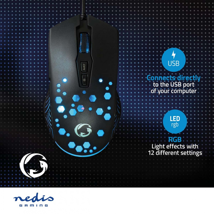 Nedis Gaming Mouse | Wired | 800 / 1200 / 2400 / 3200 / 4800 / 7200 dpi | Justerbar DPI | Antall knapper: 7 | Programmerbare knapper | Right-Handed | 1.50 m | RGB