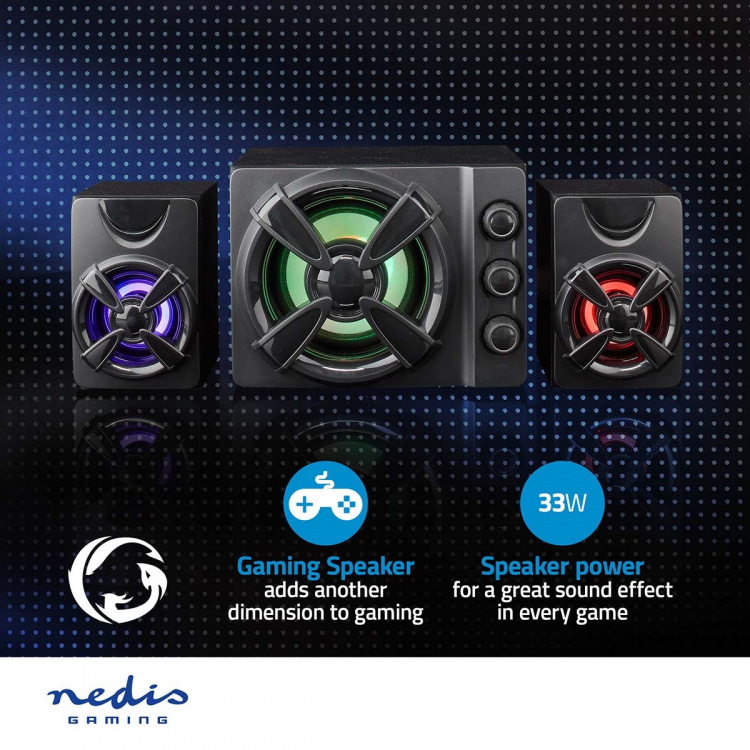 Nedis Gaming Speaker | Høyttalerkanaler: 2.1 | USB-Strøm | 3.5 mm Han | 33 W | LED | Volumkontroll Nedis Gaming Speaker | Høyttalerkanaler: 2.1 | USB-Strøm | 3.5 mm Han | 33 W | LED | Volumkontroll