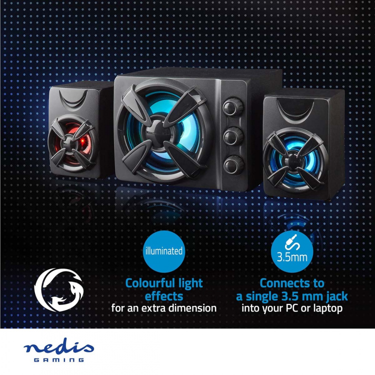 Nedis Gaming Speaker | Høyttalerkanaler: 2.1 | USB-Strøm | 3.5 mm Han | 33 W | LED | Volumkontroll Nedis Gaming Speaker | Høyttalerkanaler: 2.1 | USB-Strøm | 3.5 mm Han | 33 W | LED | Volumkontroll