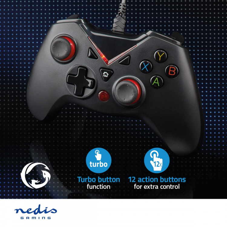 Nedis Gamepad | USB Type-A | USB-Strøm | PC | Antall knapper: 12 | Kabellengde: 1.60 m | Sort