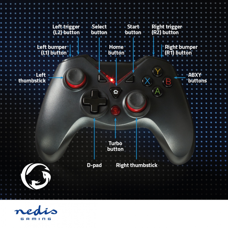 Nedis Gamepad | USB Type-A | USB-Strøm | PC | Antall knapper: 12 | Kabellengde: 1.60 m | Sort