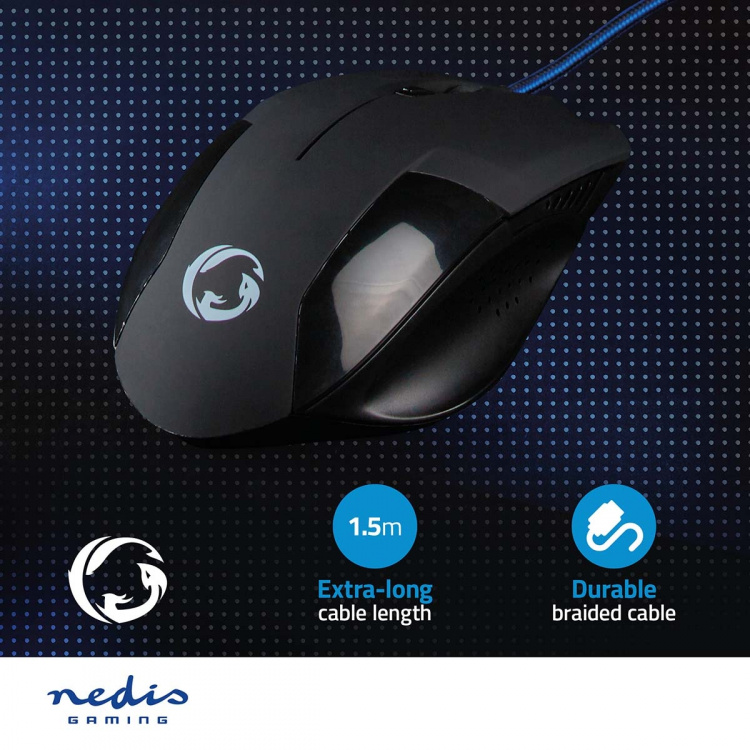 Nedis Gaming Mouse | Wired | 1200 / 2400 / 4800 / 7200 dpi | Justerbar DPI | Antall knapper: 6 | Programmerbare knapper | Right-Handed | 1.50 m | Uten Lighting Nedis Gaming Mouse | Wired | 1200 / 2400 / 4800 / 7200 dpi | Justerbar DPI | Antall knapper: 6 | Programmerbare knapper | Right-Handed | 1.50 m | Uten Lighting