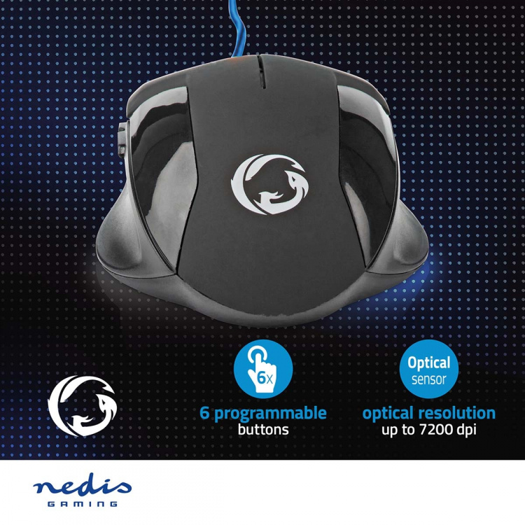 Nedis Gaming Mouse | Wired | 1200 / 2400 / 4800 / 7200 dpi | Justerbar DPI | Antall knapper: 6 | Programmerbare knapper | Right-Handed | 1.50 m | Uten Lighting Nedis Gaming Mouse | Wired | 1200 / 2400 / 4800 / 7200 dpi | Justerbar DPI | Antall knapper: 6 | Programmerbare knapper | Right-Handed | 1.50 m | Uten Lighting