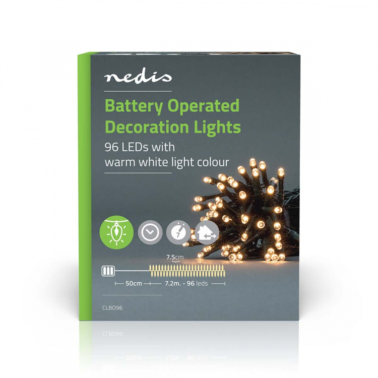 Nedis Julebelysning | Streng | 96 LED\'s | Varm Hvit | 7.20 m | Lyseffekter: 7 | Innendørs eller utendørs | Batteri drevet Nedis Julebelysning | Streng | 96 LED\'s | Varm Hvit | 7.20 m | Lyseffekter: 7 | Innendørs eller utendørs | Batteri drevet