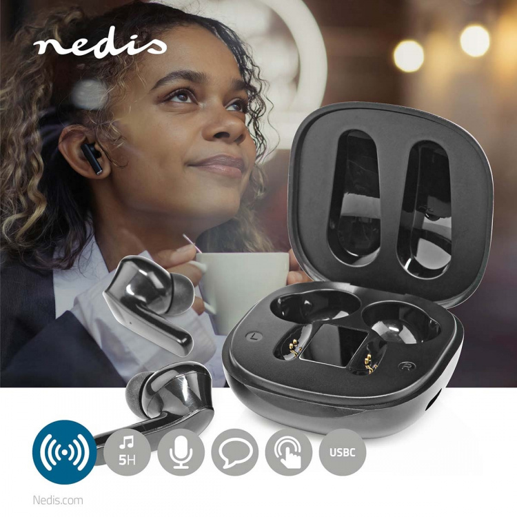 Nedis Fullt Trådløse hodetelefoner | Bluetooth® | Maksimal batteritid: 5 timer | Touch kontroll | Ladeboks | Innebygd mikrofon | Stemmestyring | Noise canceling | Sort