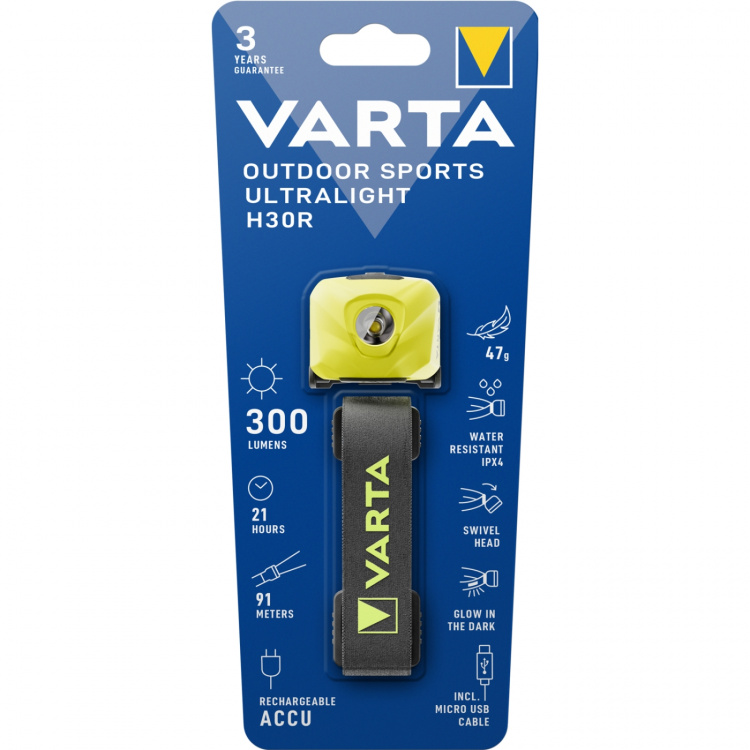 Varta Outdoor Sports Ultralight H30R hodelykt 300 lm gul